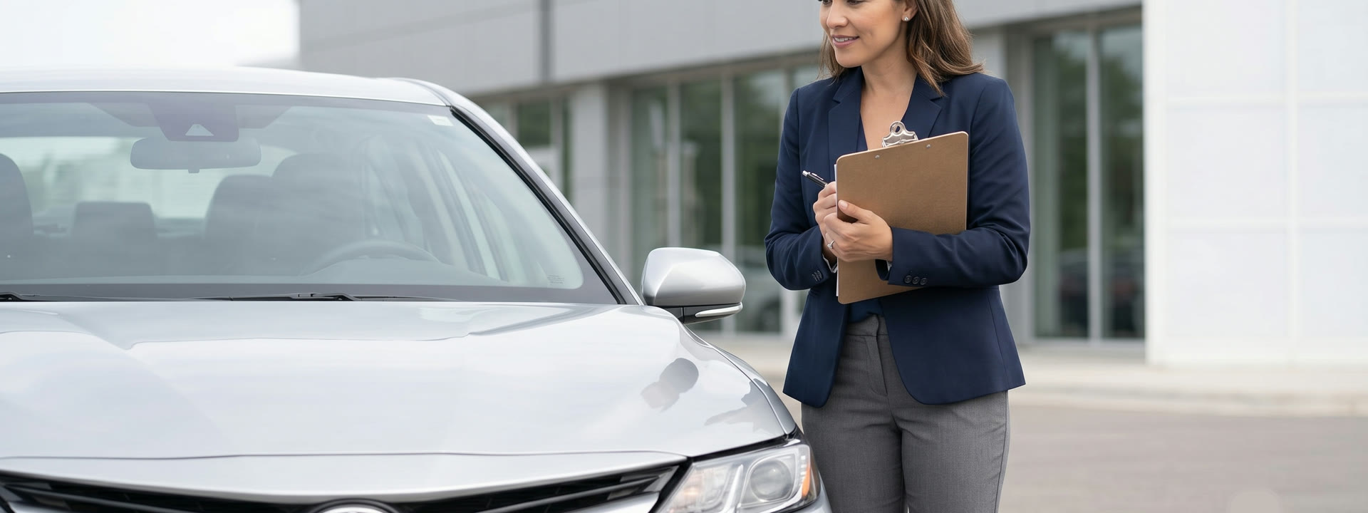 Vehicle appraisal professional beside a car