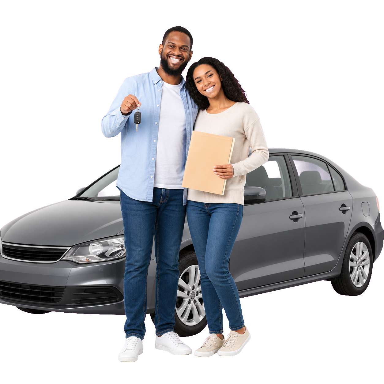 Couple with their vehicle, keys, and title paperwork